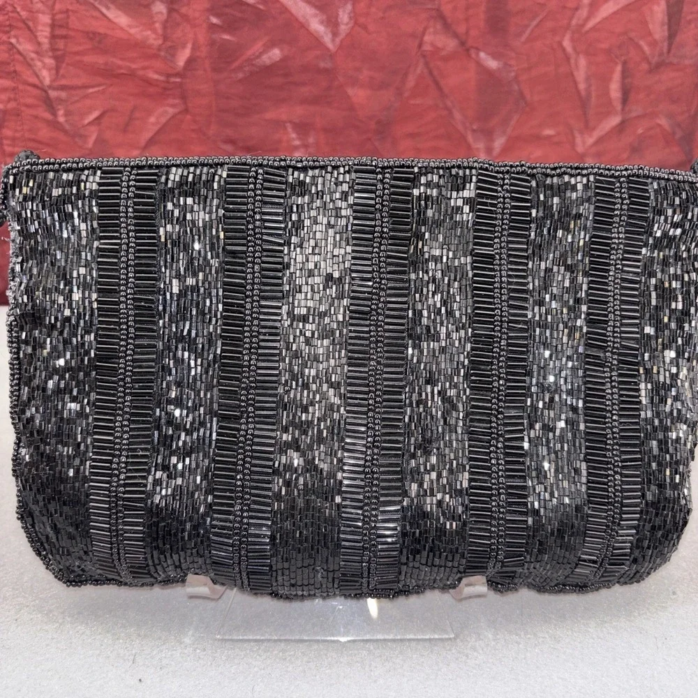 Vintage Andre Cellini Black Bugle Beaded Evening Bag Corded Shoulder Strap EUC